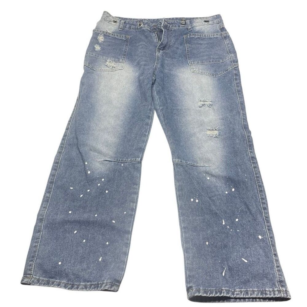 Paint Splatter and Distressed Barrel Ankle Jeans N0593